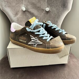 Golden Goose Brown Sneakers with Light Blue Laces NWT